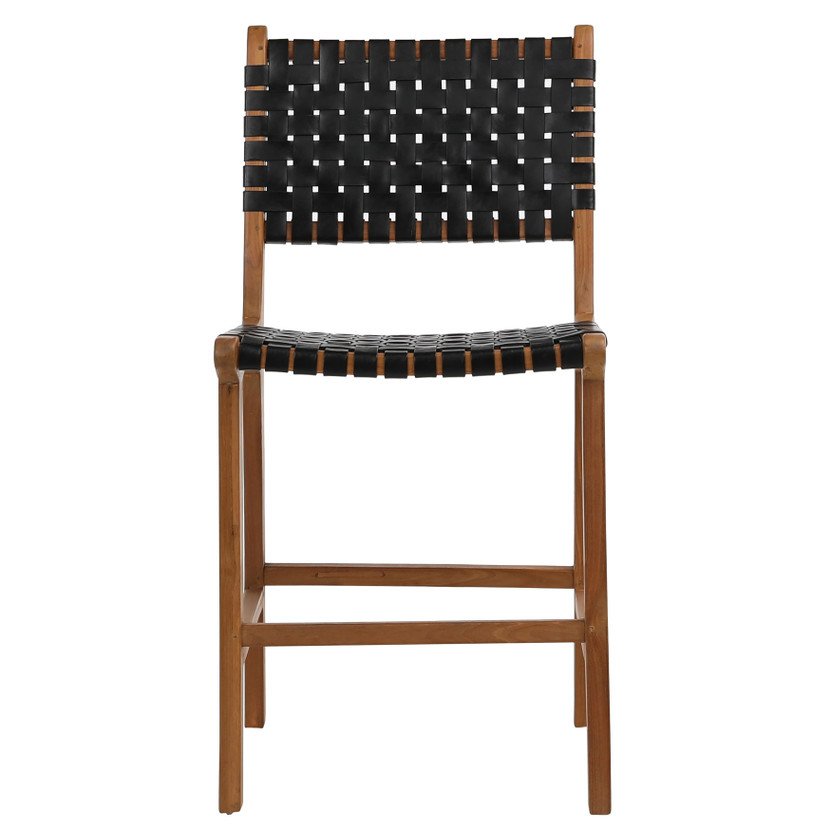 Maverick Top Grain Woven Black Leather with Teak Frame Dining Counter Stool