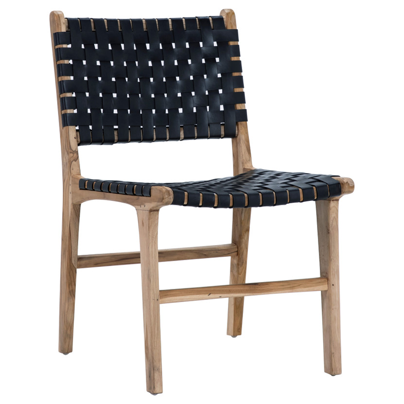 Maverick Top Grain Woven Black Leather with Teak Frame Dining Side Chair