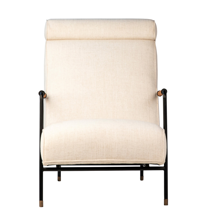 Myla Cotton Upholstered Tall Back Occasional Chair with Black Steel Frame with Brown Suede Wrapped Arm Rests