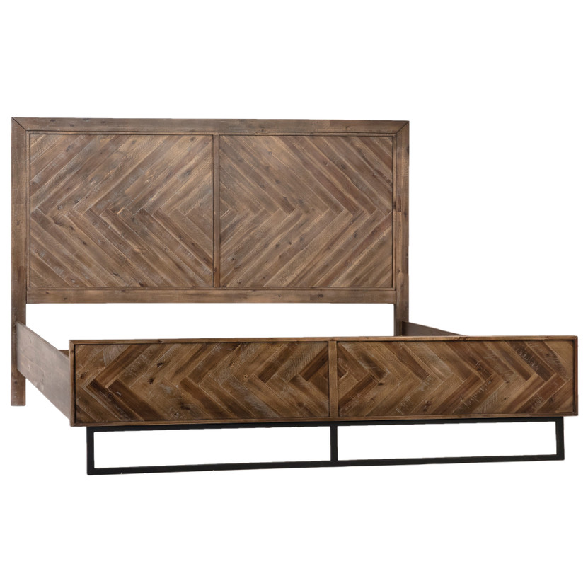 Warnock Acacia and Iron Panel Bed with Herringbone Detailing Finished in an Antique Brown Seal, Eastern King
