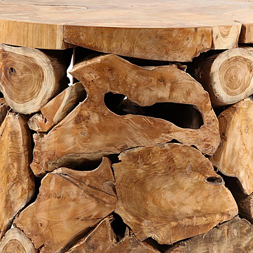 Scarlett 60" Round Teak Root Pedestal Base Glass Top Dining Table