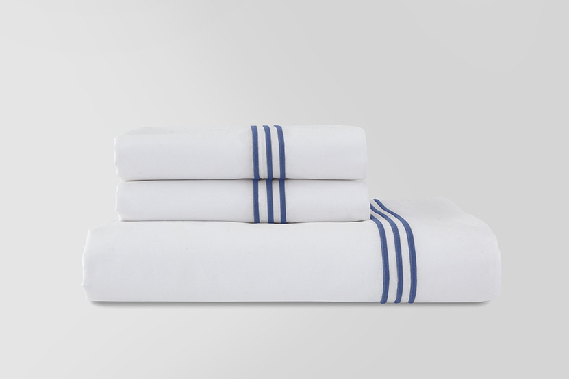 Madison Sheet Set -3 Rows of Embroidery Blue (1 Flat Sheet, 1 Fitted Sheet, 2 King Pillow Cases)