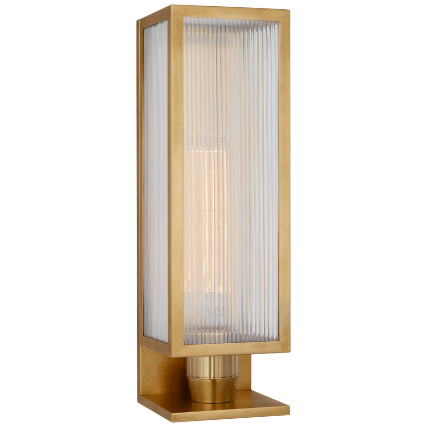 York 16" Single Box Outdoor Sconce in Soft Brass with Clear Ribbed Glass