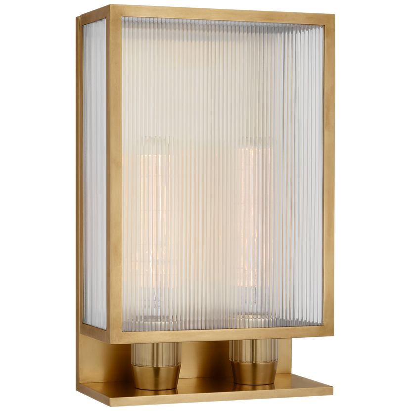 York 16" Double Box Outdoor Sconce in Soft Brass with Clear Ribbed Glass