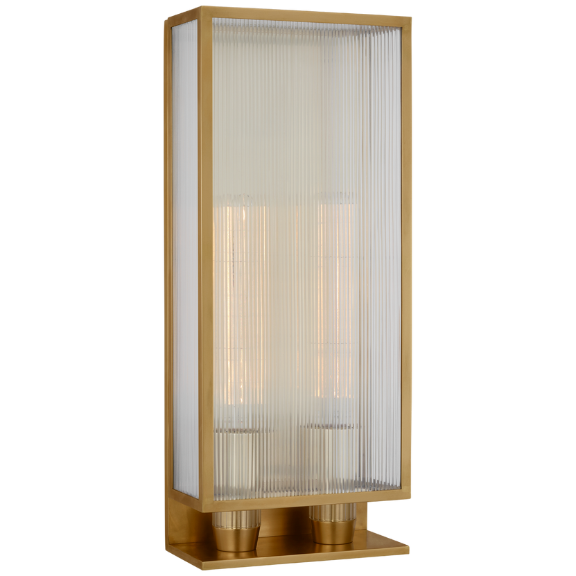 York 24" Double Box Outdoor Sconce in Soft Brass with Clear Ribbed Glass