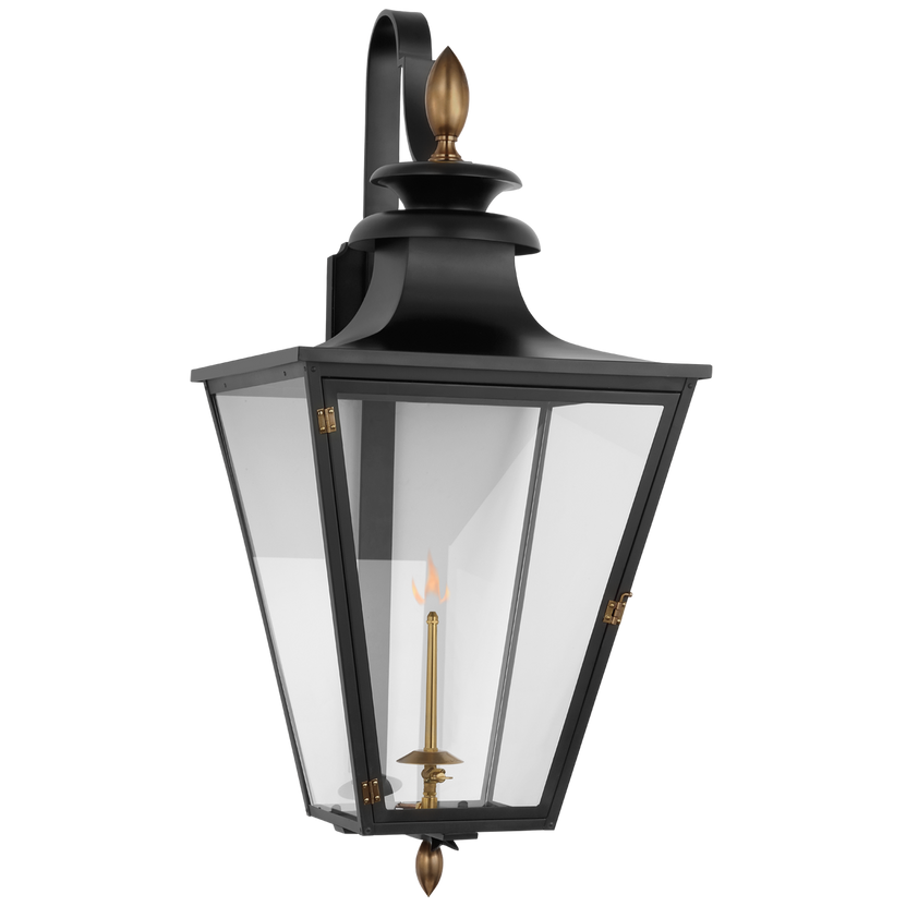Albermarle Large Bracketed Gas Wall Lantern in Matte Black and Brass with Clear Glass