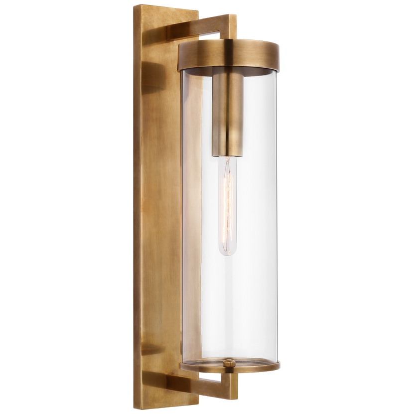 Liaison Large Bracketed Outdoor Wall Sconce in Antique-Burnished Brass with Clear Glass
