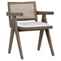 Malachi Grey Wash Oak and Natural Rattan Dining Arm Chair with White Linen Upholstered Seat