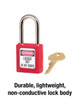 Safety Lockout Padlock, Different Key, Red , Thermoplastic Body, 6 mm Dia Shackle, 38 mm Ht Shackle, 20 mm Wd Shackle, Hardened Steel Shackle