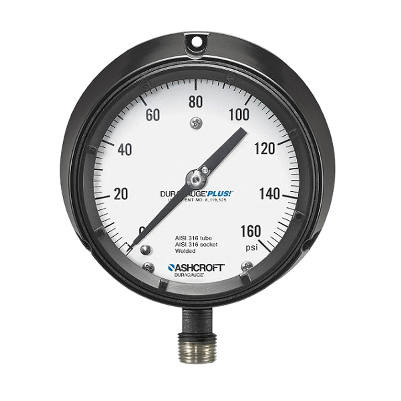 Mechanical Pressure Gauge, Dry, 1/2 in MNPT, 4-1/2 in Dia Dial, +/-1/2%, 0.2 psi, Dial Display, Stem Mount, 400 psi, 45-1279rs-4l