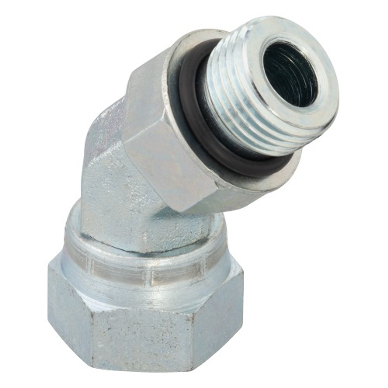 PARKER Hydraulic Elbow, Male SAE-ORB x FNPSM Swivel End, 45 deg, Steel, Domestic