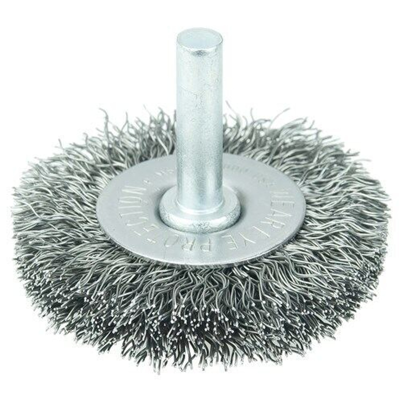 WEILER Radial Wheel Brush, Stem-Mounted, Crimped Filament/Wire, 20000 rpm Max, Unthreaded Stem WEILER Radial Wheel Brush, Stem-Mounted, Crimped Filament/Wire, 20000 rpm Max, Unthreaded Stem