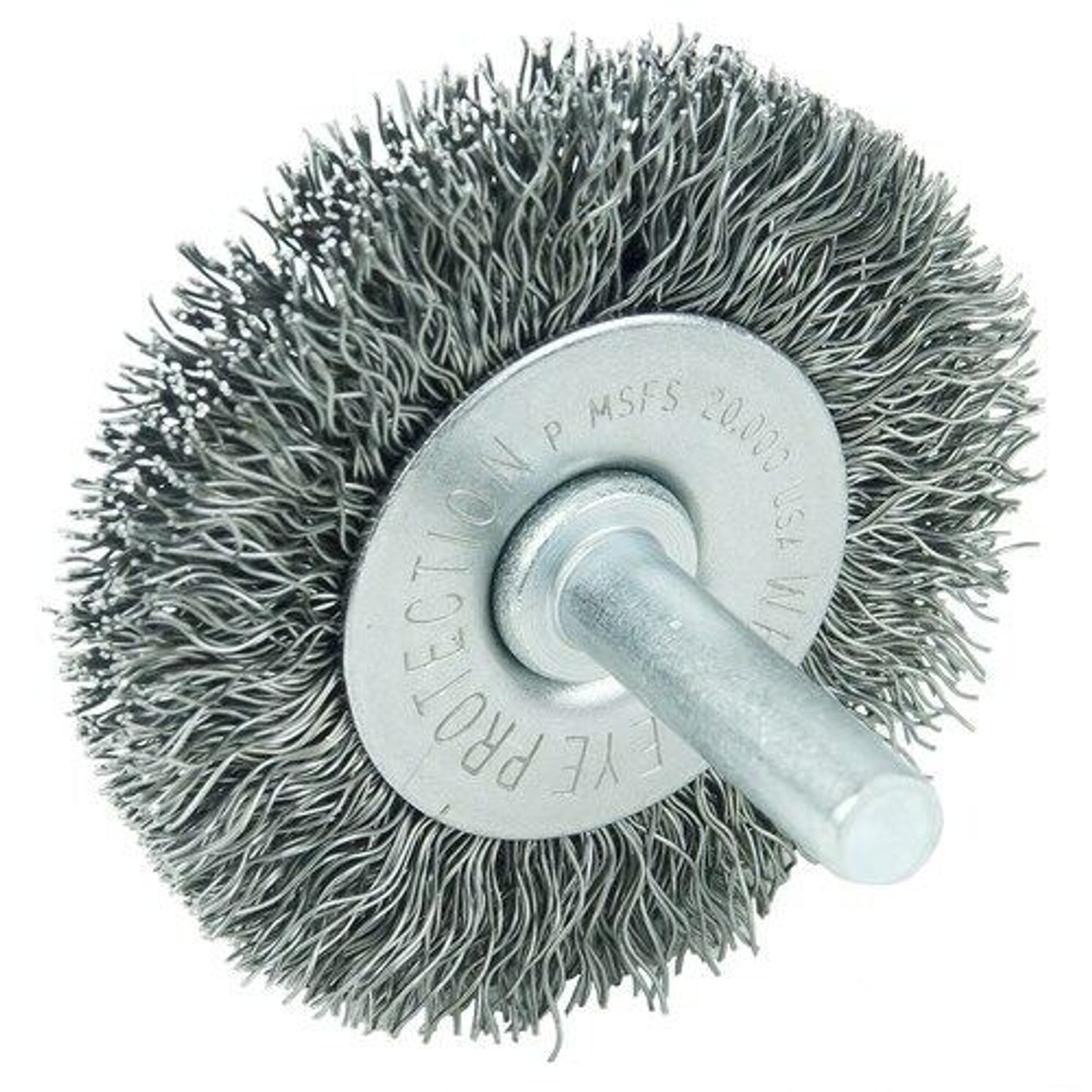 WEILER Radial Wheel Brush, Stem-Mounted, Crimped Filament/Wire, 20000 rpm Max, Unthreaded Stem WEILER Radial Wheel Brush, Stem-Mounted, Crimped Filament/Wire, 20000 rpm Max, Unthreaded Stem