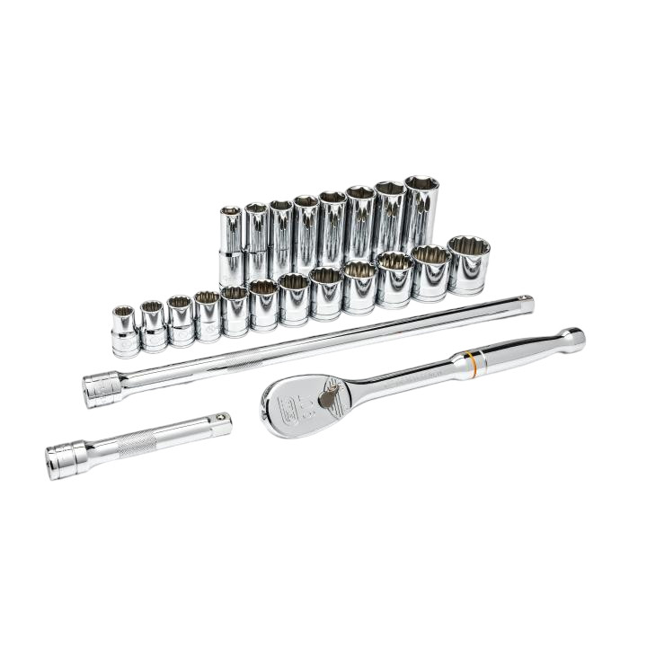 Mechanic's Socket Sets, 6 -Point, 1/2 in Drive, Alloy Steel, Full Polished Chrome, Deep,  Standard