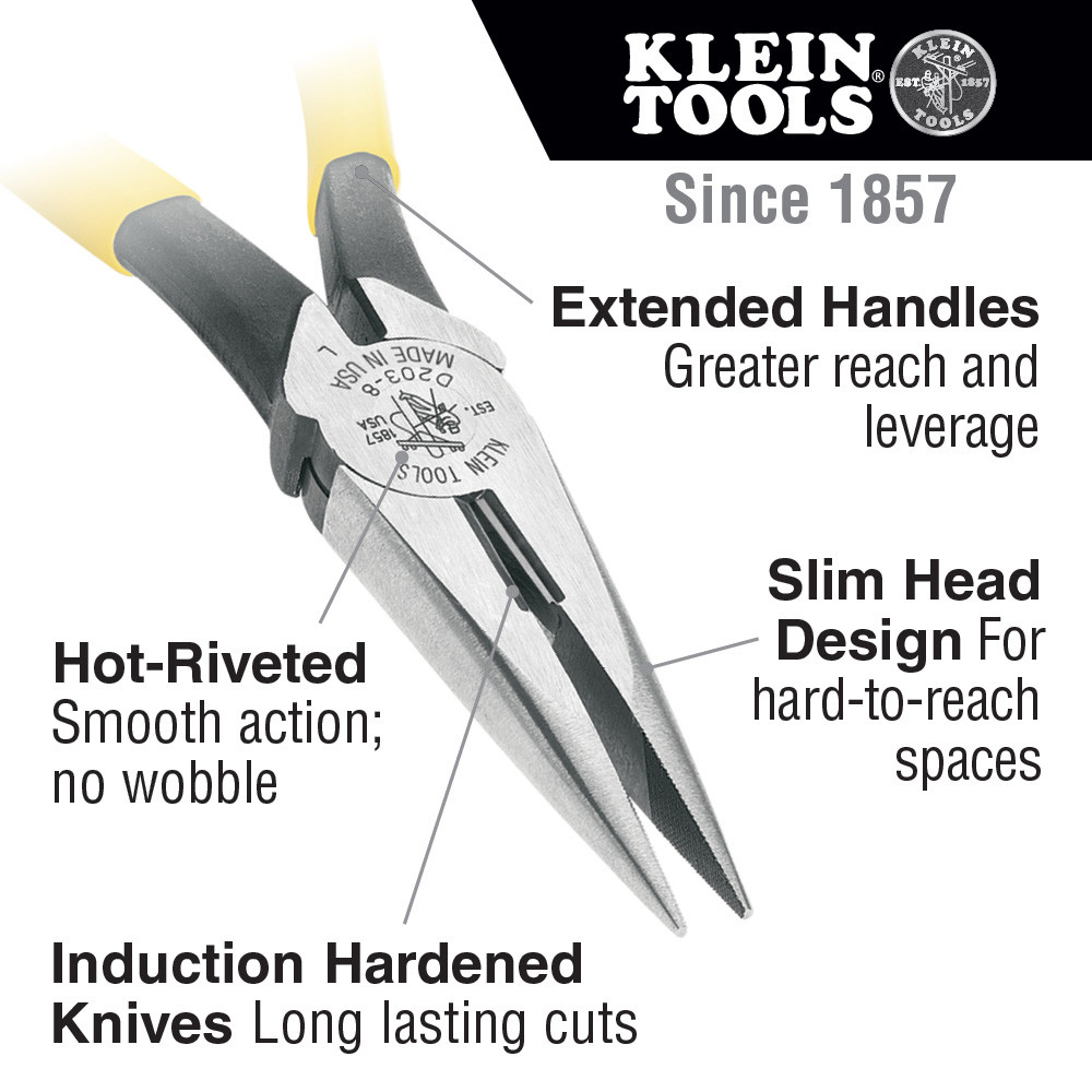 Long Nose Plier, Knurled Jaw, Tool Steel Jaw, 5-5/8 in Lg, Plastic Handle, Yellow, Steel Applicable