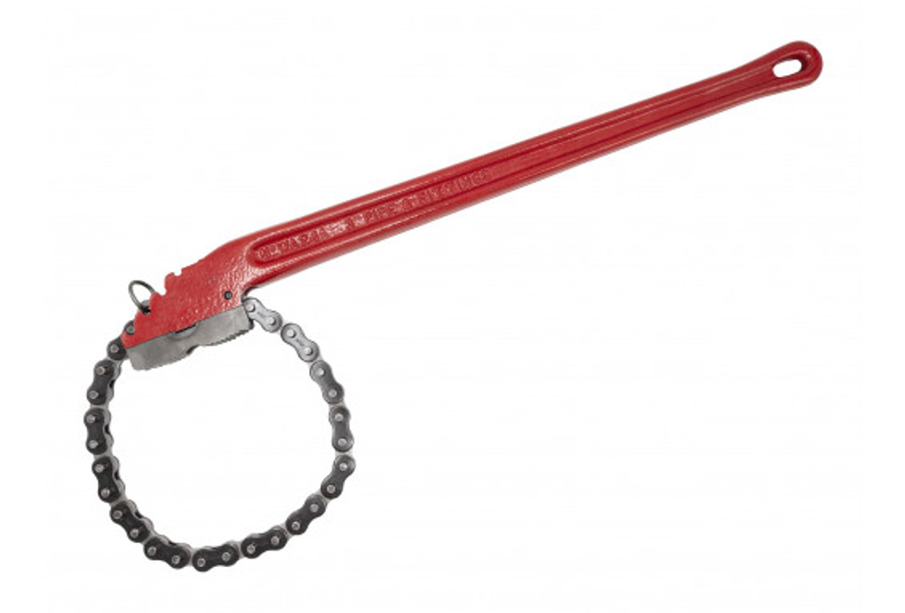 Chain Wrench, Heavy Duty, Dual Reversible Jaw, In-Line, High Tensile Ductile Iron Handle, Red Handle