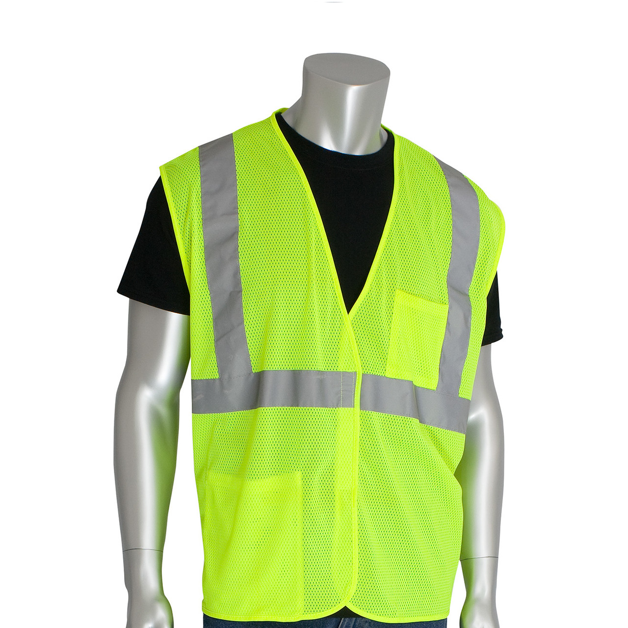 Value Mesh Vest, High-Vis Yellow, Polyester Mesh, Silver Stripe, 28 in Lg, Hook and Loop Closure, Class 2