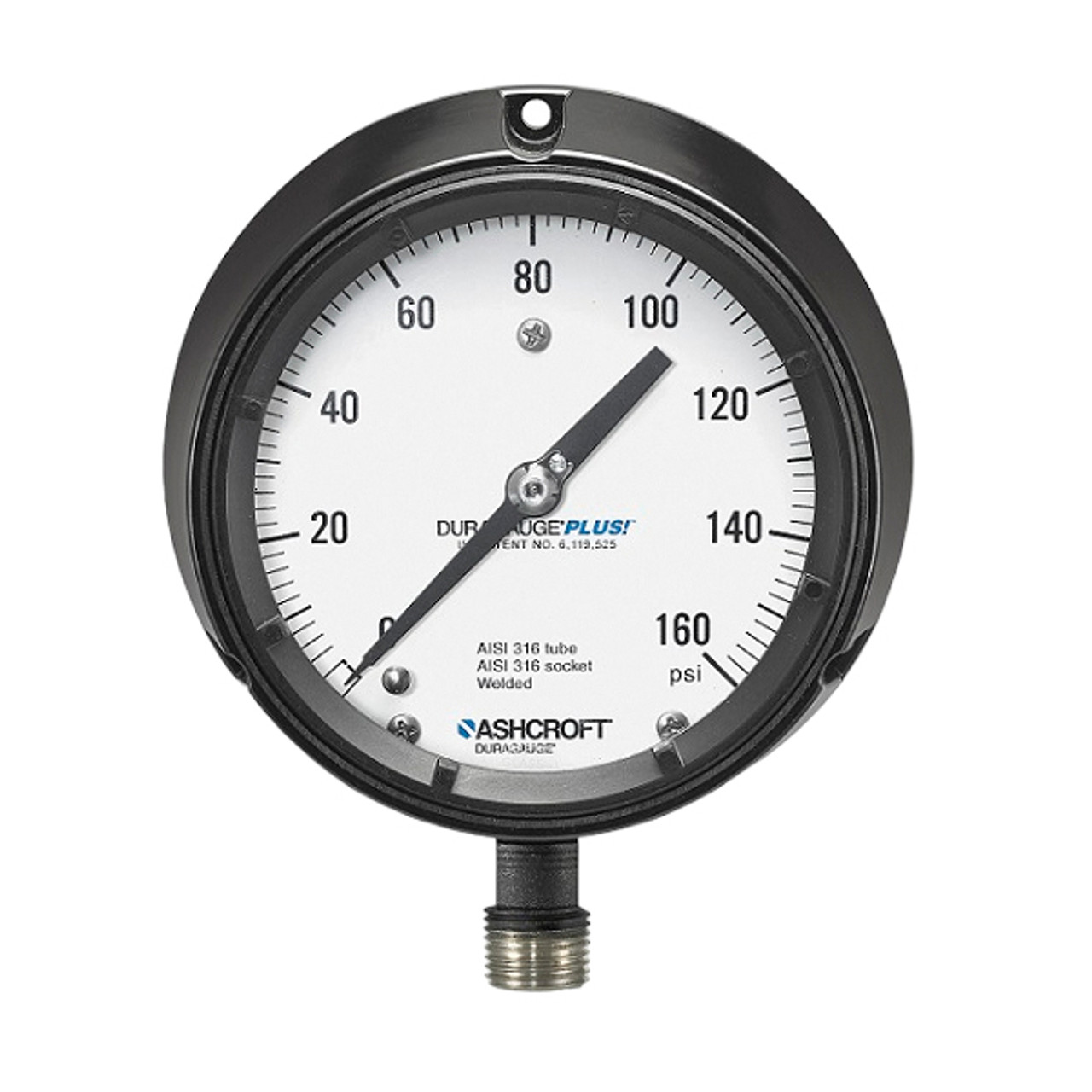 Mechanical Pressure Gauge, Dry, 1/4 in MNPT, 4-1/2 in Dia Dial, +/-1/2%, 0.2 psi, Dial Display, Stem Mount, 300 psi