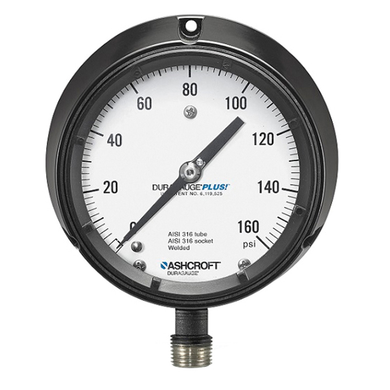 Mechanical Pressure Gauge, Dry, 1/4 in MNPT, 4-1/2 in Dia Dial, +/-1/2%, 0.2 psi, Dial Display, Stem Mount, 15 to 30000 psi