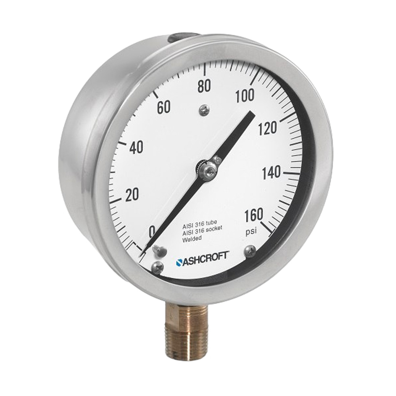 Mechanical Pressure Gauge, Dry, 1/4 in MNPT, 4-1/2 in Dia Dial, +/-1%, Dial Display, -20 to 250 deg F