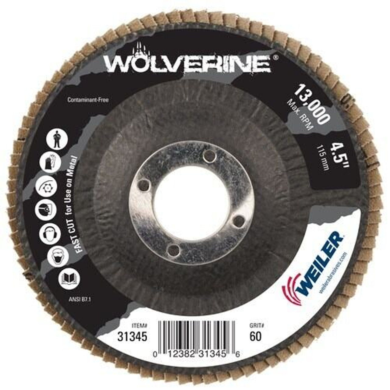 WEILER Wolverine Flap Disc, 4-1/2 in Dia Disc, 7/8 in Center Hole, Zirconia Alumina Abrasive, Type 29 Angled Disc, Blue WEILER Wolverine Flap Disc, 4-1/2 in Dia Disc, 7/8 in Center Hole, Zirconia Alumina Abrasive, Type 29 Angled Disc, Blue