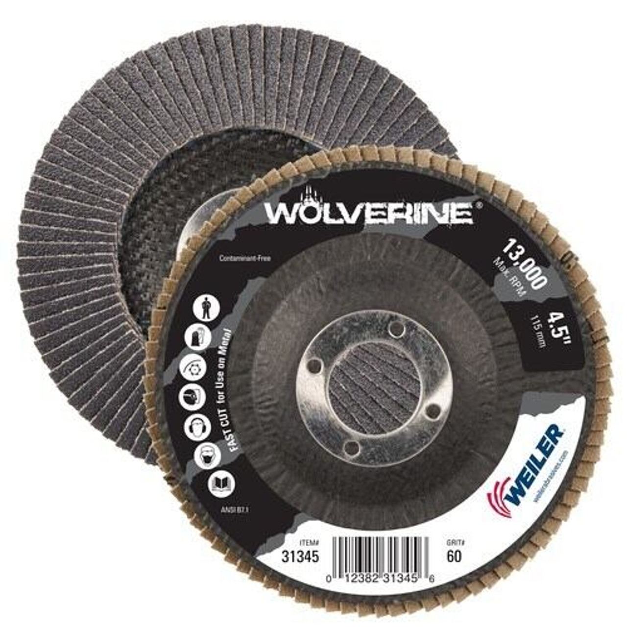 WEILER Wolverine Flap Disc, 4-1/2 in Dia Disc, 7/8 in Center Hole, Zirconia Alumina Abrasive, Type 29 Angled Disc, Blue WEILER Wolverine Flap Disc, 4-1/2 in Dia Disc, 7/8 in Center Hole, Zirconia Alumina Abrasive, Type 29 Angled Disc, Blue