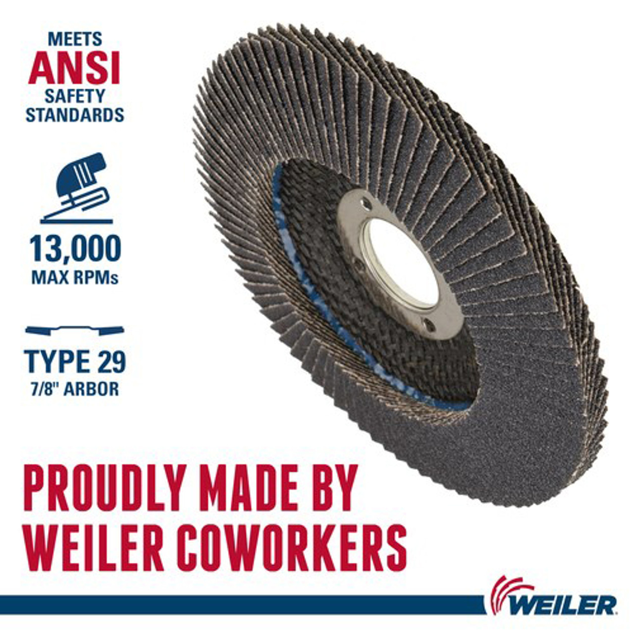 WEILER Wolverine Flap Disc, 4-1/2 in Dia Disc, 7/8 in Center Hole, Zirconia Alumina Abrasive, Type 29 Angled Disc, Blue WEILER Wolverine Flap Disc, 4-1/2 in Dia Disc, 7/8 in Center Hole, Zirconia Alumina Abrasive, Type 29 Angled Disc, Blue
