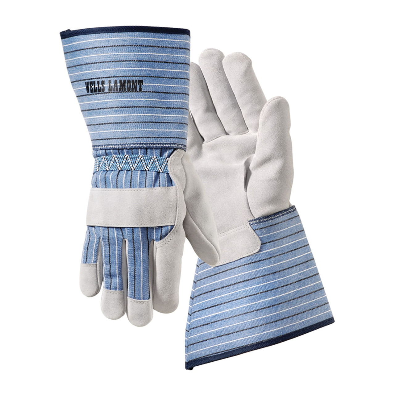 Work Gloves, Leather Palm, Cowhide Leather, Blue Glove Cuff,  Gray, Gauntlet Cuff