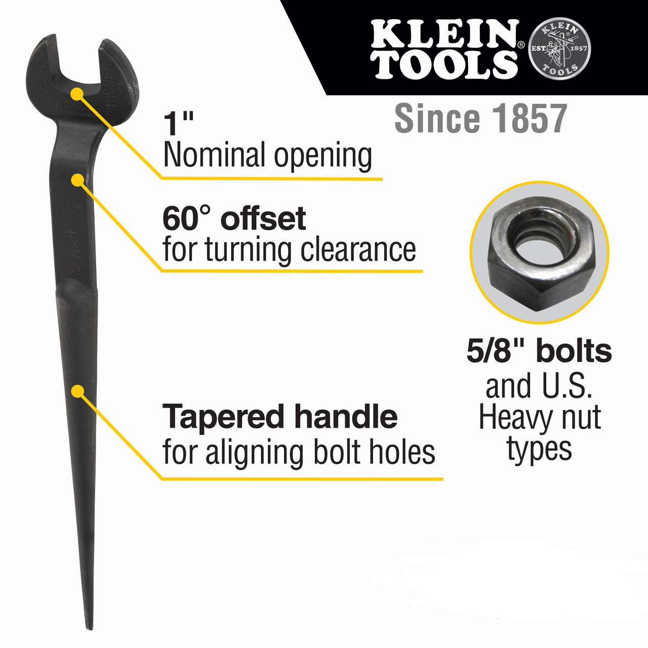 Spud Wrench, Black Oxide Coated, Black, Extra Duty,  Erection, 1 in Thk Jaw, 60 deg Head, Tapered, 7/8 to 1 in