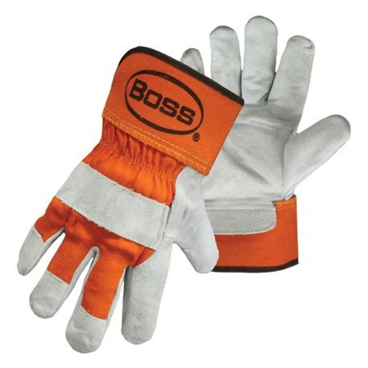 General Purpose Gloves, Double Leather, Cowhide Leather Palm, Cotton, Gray,  Orange, Uncoated