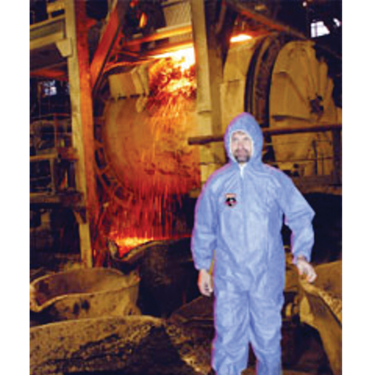 Coverall, Flame Resist, Non-Woven, Blue, Fabric, Serged Seam, Zipper with Storm Flap Closure