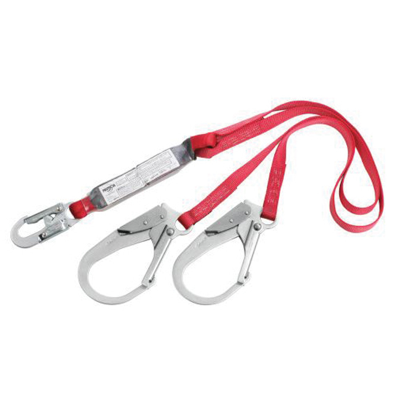 Shock Absorbing Lanyard, Zinc Plated Steel Hardware, 2 -Leg, Red, Rebar Hook Anchorage, Snap Hook, 6 ft Lg