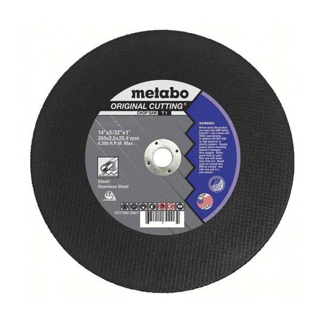 METABO Cut-Off Wheel, Heavy Duty, 14 in Dia Wheel, 3/32 in Thk Wheel, 1 in Center Hole, 30 Grit, Medium, Type 1