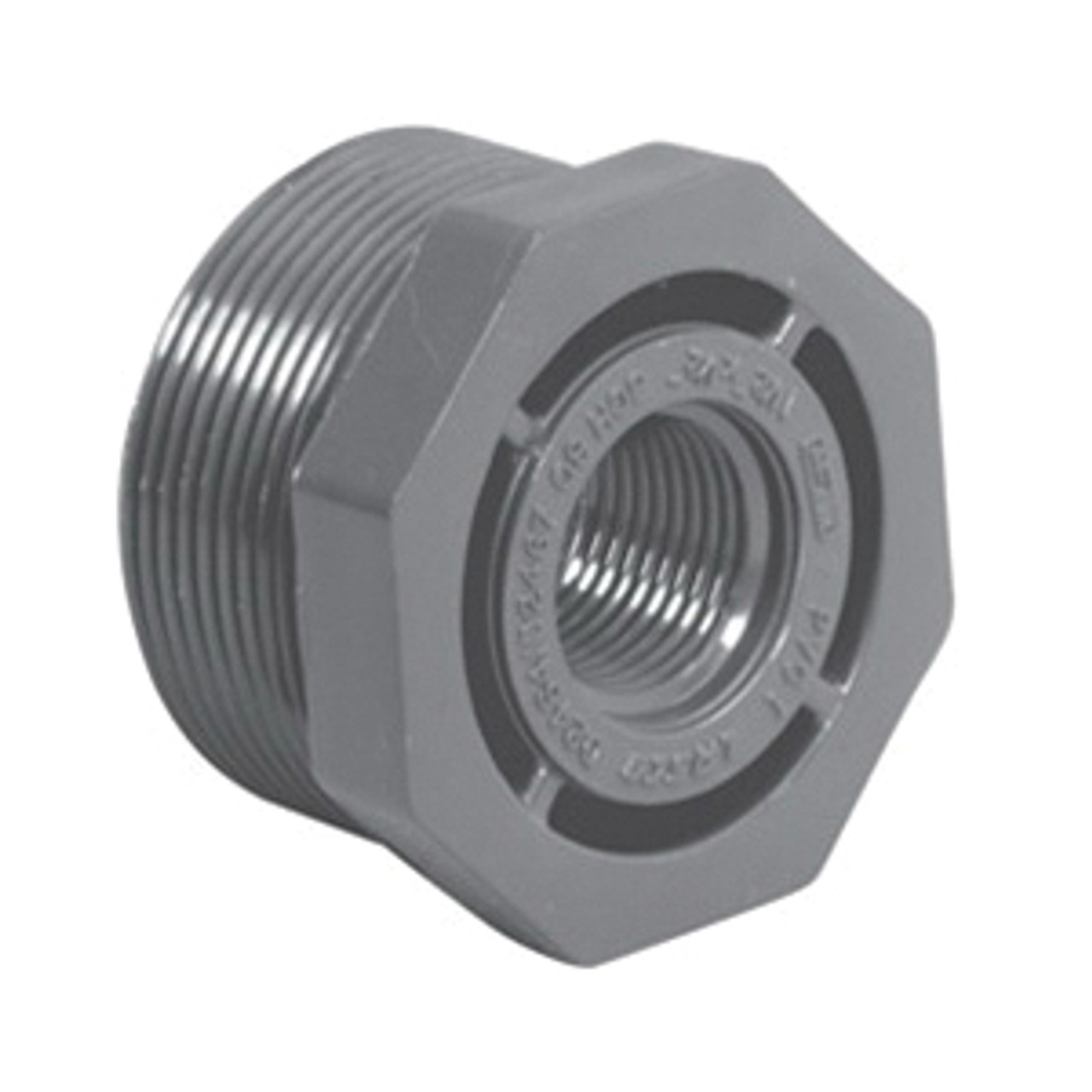 Reducer Bushing, Flush Style, Bushing, MNPT x FNPT End, SCH 80, Injection-Molded, PVC, Gray, 140 deg F, 3 x 2-1/2 in