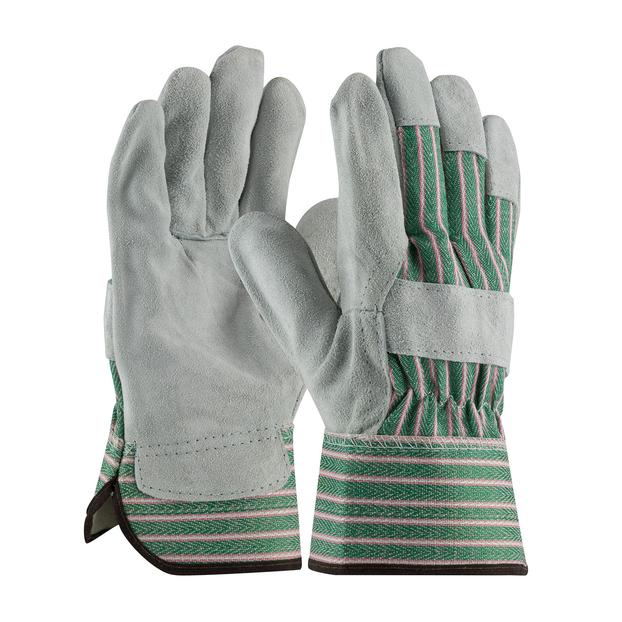 General Purpose Gloves, B-Grade, Leather Palm Glove, Shoulder Split Cowhide Leather Palm, Green, Cotton