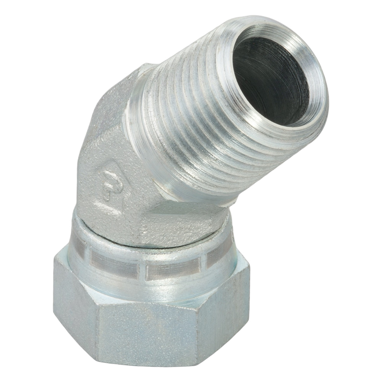 PARKER Hydraulic Elbow, Male NPT/NPTF x FNPSM Swivel End, 45 deg, Steel, ToughShield Plus, Domestic PARKER Hydraulic Elbow, Male NPT/NPTF x FNPSM Swivel End, 45 deg, Steel, ToughShield Plus, Domestic