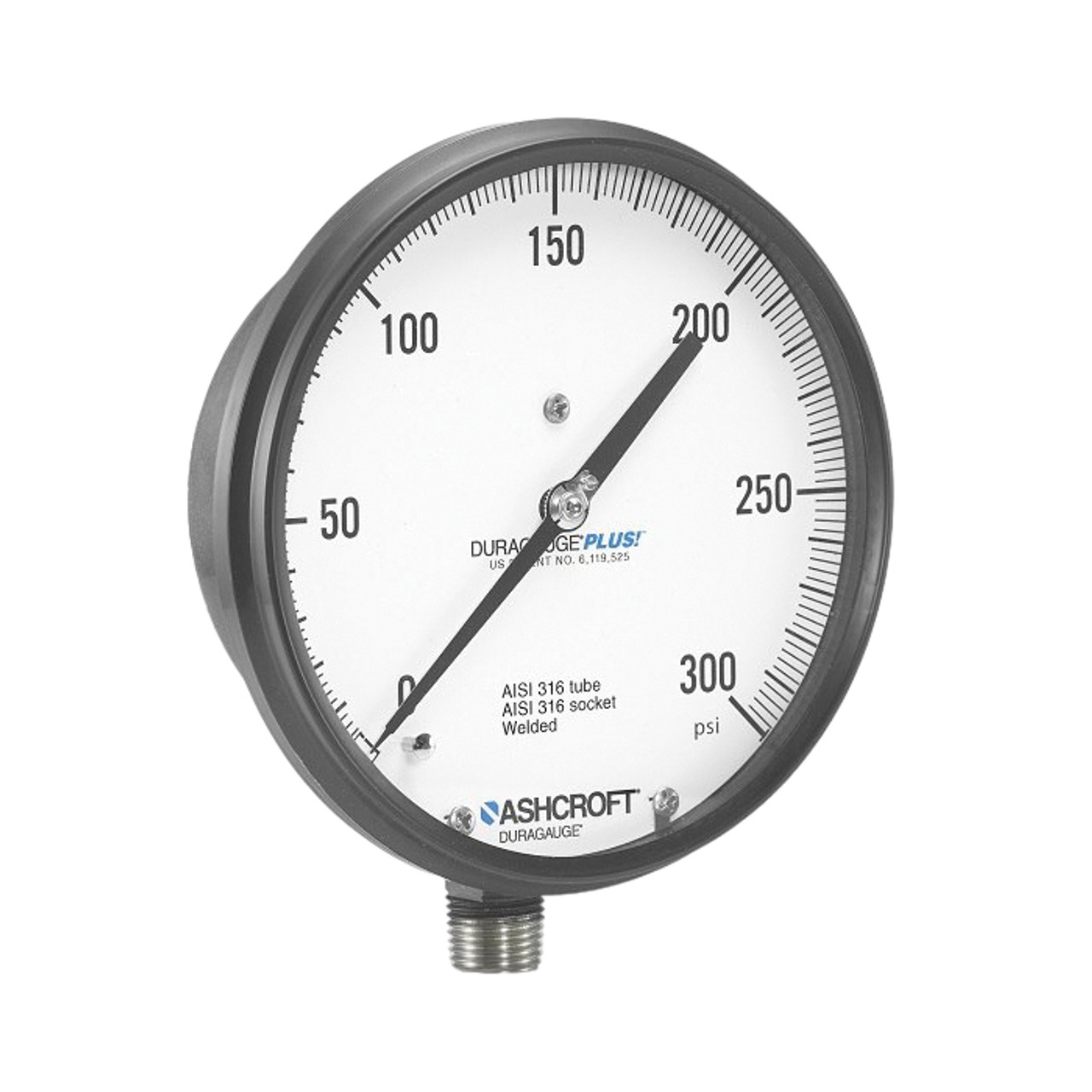 Mechanical Pressure Gauge, Dry, 100 psi, 1/4 in MNPT, 4-1/2 in Dia Dial, +/-1/2%, Dial Display, -20 to 250 deg F, Flush,  Stem,  Surface Mount