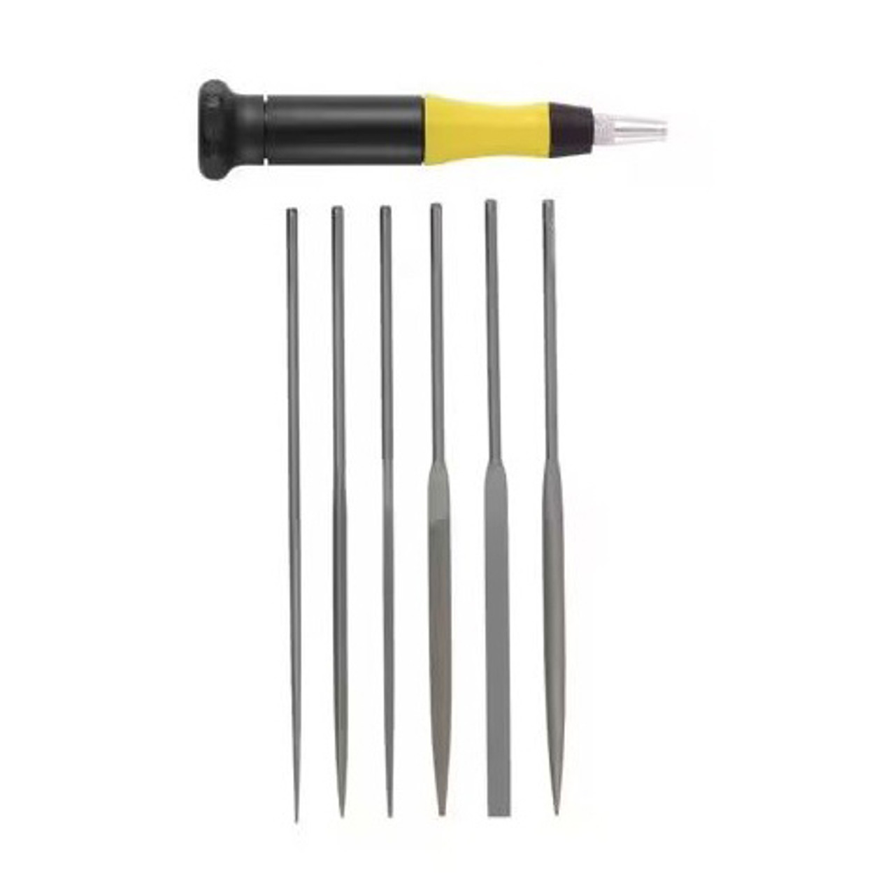 Needle File Set, Pattern, 6 -Piece, 5-1/2 in Lg of Cut, Swiss Cut, Knurled Grip