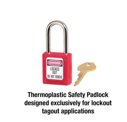 Safety Lockout Padlock, Different Key, Red , Thermoplastic Body, 6 mm Dia Shackle, 38 mm Ht Shackle, 20 mm Wd Shackle, Hardened Steel Shackle