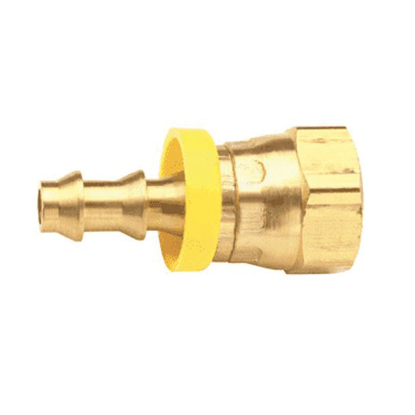 Push to Connect Fitting, Ball Seat, 1/4 x 1/8-27 in, FNPSM Swivel x Push-On Hose Barb End, 1/2 in Hex, 350 psi, -40 to 150 deg F, Brass, 1.41 in lg
