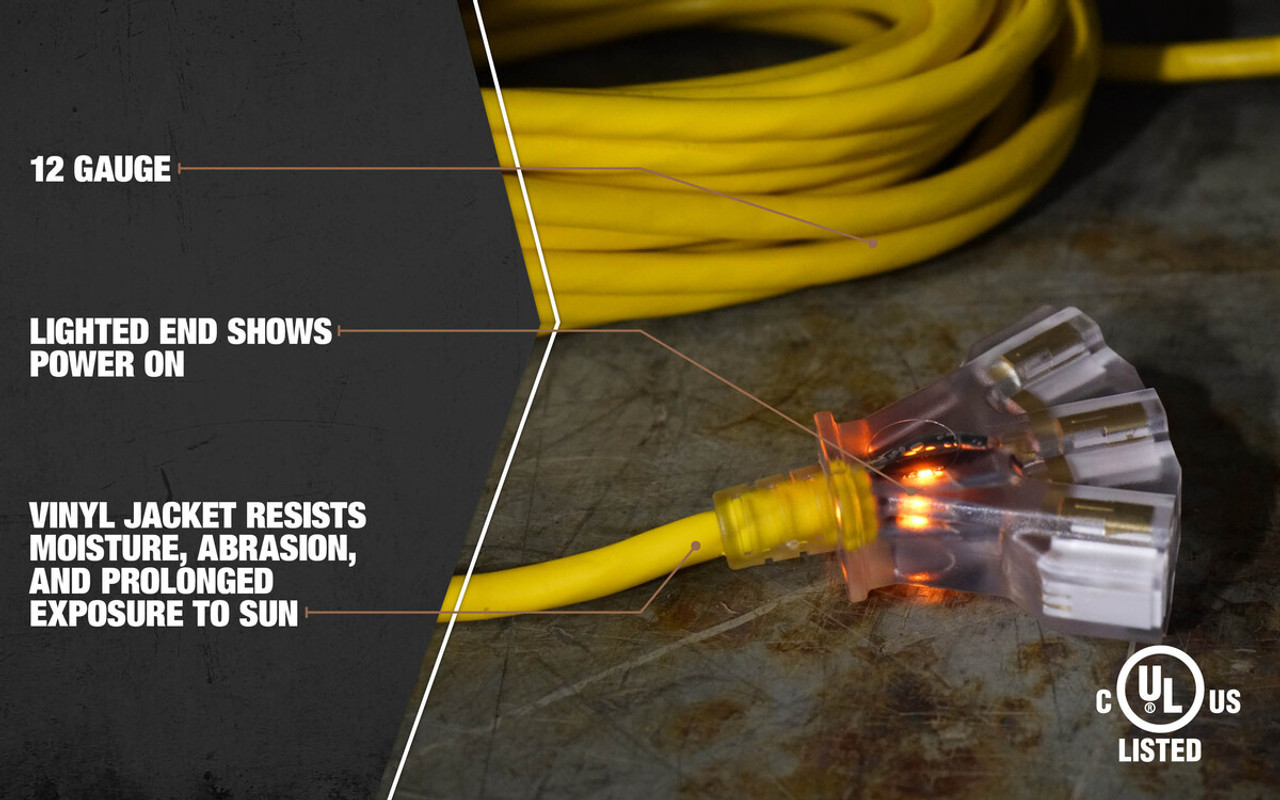 Extension Cord, SJTW, 125 VAC,  15 A, 12 AWG Cord, 50 ft Lg Cord, 3 Conductor, 12 AWG Conductor, Copper Conductor, 1/295 in od, Polyvinyl Chloride Insulation Extension Cord, SJTW, 125 VAC,  15 A, 12 AWG Cord, 50 ft Lg Cord, 3 Conductor, 12 AWG Conductor, Copper Conductor, 1/295 in od, Polyvinyl Chloride Insulation