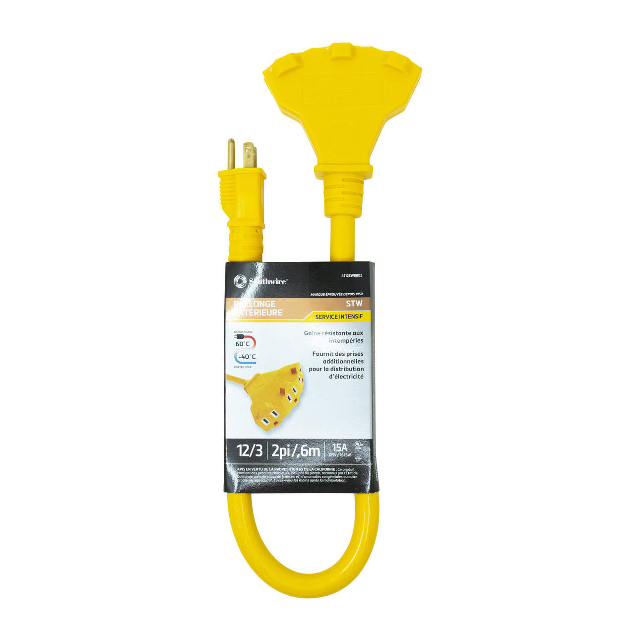 Extension Cord, STW, 125 VAC,  15 A, 12 AWG Cord, 2 ft Lg Cord, 3 Conductor, 12 AWG Conductor, Copper Conductor, 1/295 in od, Polyvinyl Chloride Insulation