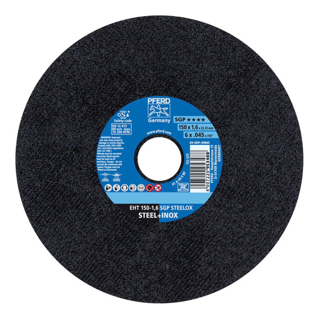 PFERD Cut-Off Wheel, 6 in Dia Wheel, 0.045 in Thk Wheel, 7/8 in Center Hole, 46 Grit, Medium, Aluminium Oxide Abrasive, 10200 rpm Max, Resin Bond, Type 1