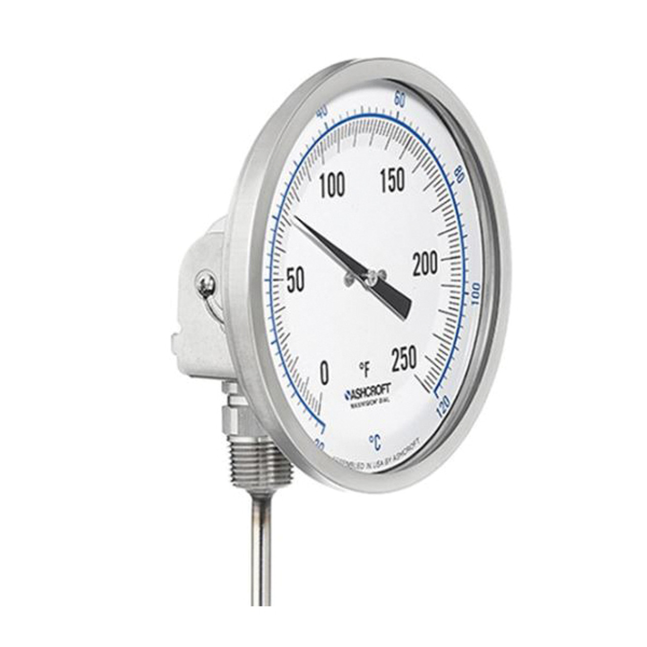 Thermometer, Bi-Metal, 3 in Dial, 1/2 in NPT, Rear Connection, 9 in Lg Stem, 0 to 250 deg F, Stainless Steel