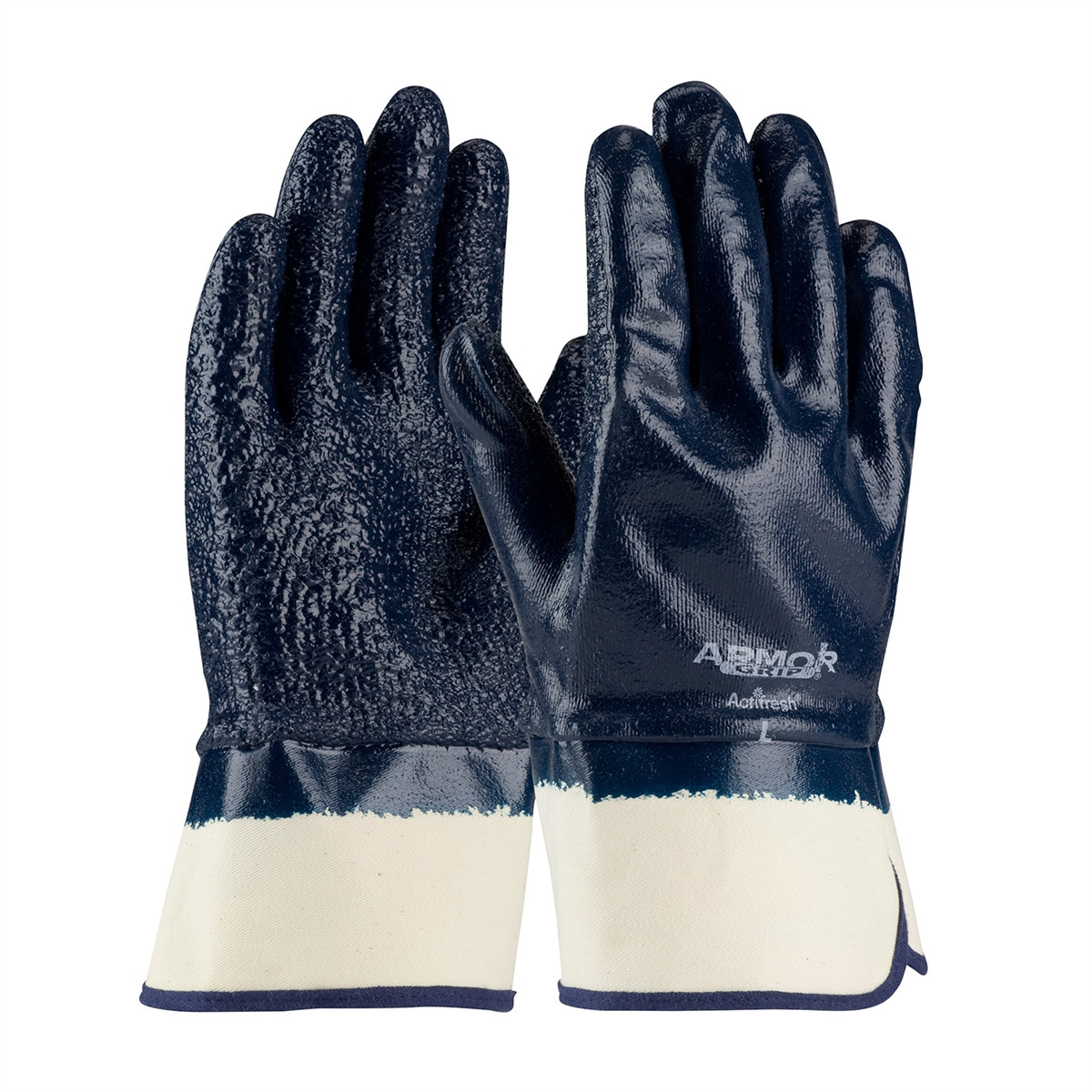 General Purpose Gloves, Coated, Large, Cotton,  Nitrile,  Terry Cloth Palm, Cotton,  Nitrile,  Terry Cloth, Blue,  Natural , Rough Acid Grip, 10.8 in Lg
