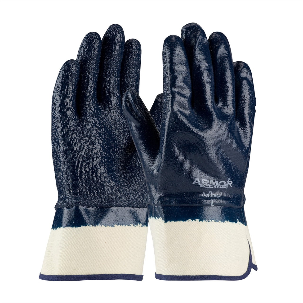 General Purpose Gloves, Coated, Large, Cotton,  Nitrile,  Terry Cloth Palm, Cotton,  Nitrile,  Terry Cloth, Blue,  Natural , Rough Acid Grip, 10.8 in Lg