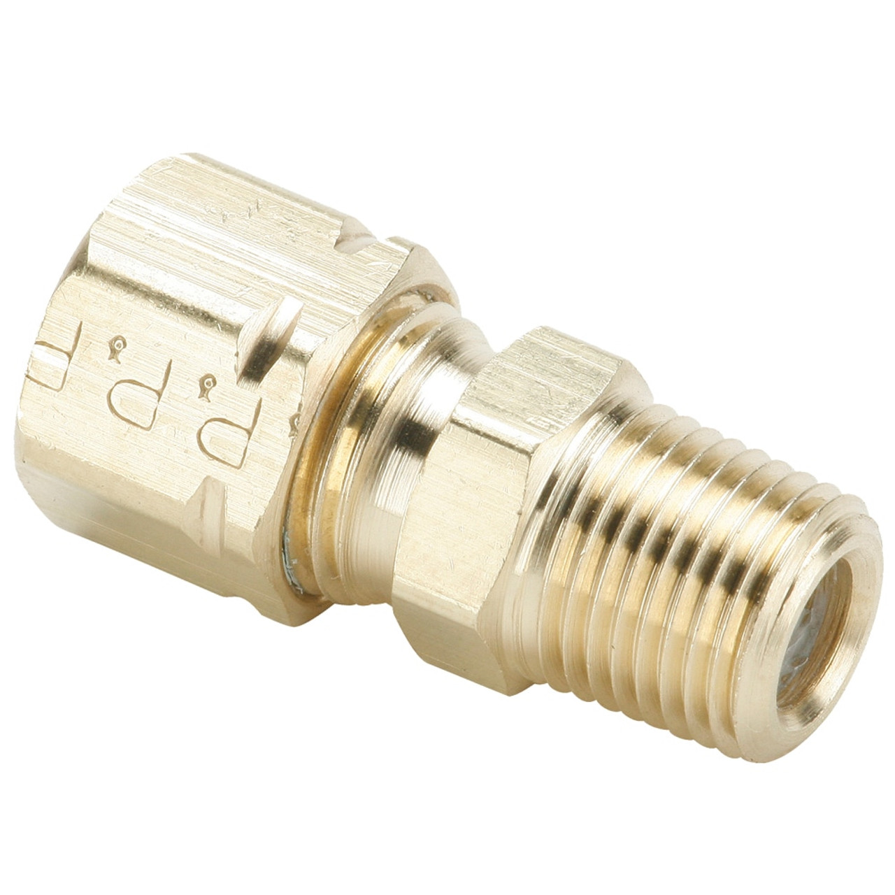 PARKER Adapter, Straight, 3/16 x 1/8 in, Compression x MNPT End, 7/16 in Hex, 1.07 in Lg, 1900 psi, -65 to 250 deg C, Brass, 1/8 in Flow Diameter, Forged, Domestic