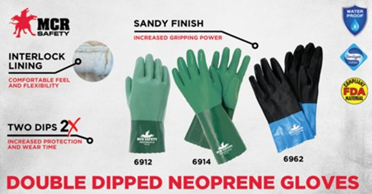 General Purpose Gloves, Industrial Grade, Large, Double Dipped Neoprene Palm, Double Dipped Neoprene, Green , Standard Finger,  Wing Thumb, Gauntlet Cuff