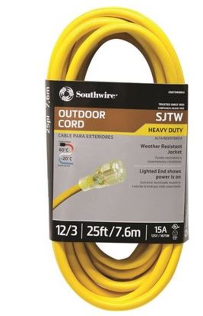 Extension Cord, SJTW, 125 VAC, 15 A, 12 AWG Cord, 25 ft Lg Cord, 3 Conductor, 12 AWG Conductor, Copper Conductor, 0.595 in od, Polyvinyl Chloride Insulation