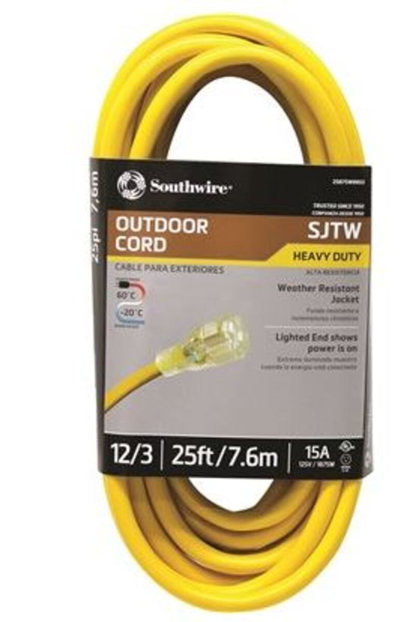 Extension Cord, SJTW, 125 VAC, 15 A, 12 AWG Cord, 25 ft Lg Cord, 3 Conductor, 12 AWG Conductor, Copper Conductor, 0.595 in od, Polyvinyl Chloride Insulation